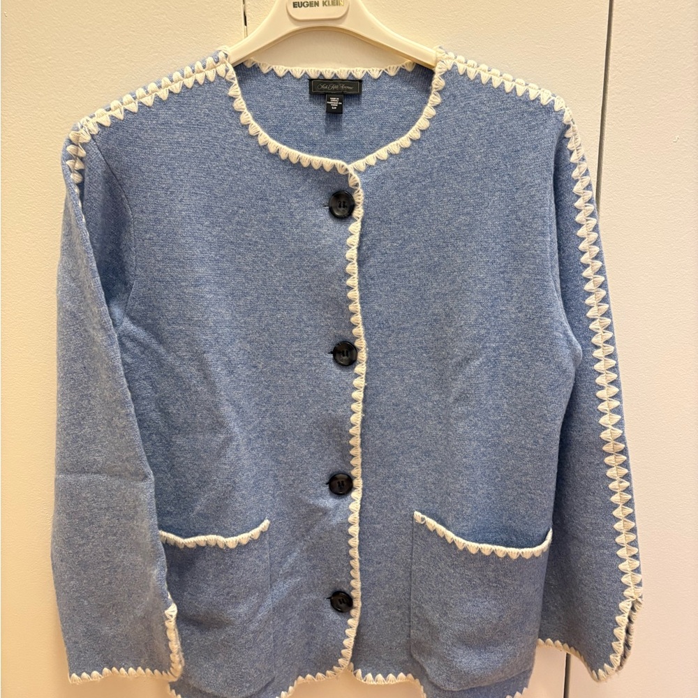 Saks Fifth Avenue Blue Sweater with Cream Edging